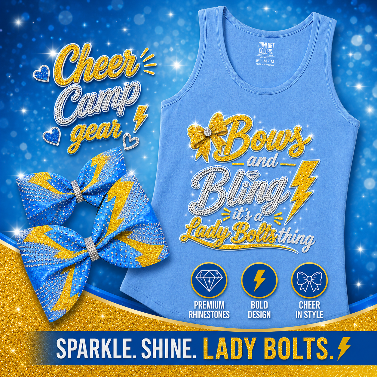 💙⚡ Cheer Camp Gear – Bows & Bling Collection ⚡💛